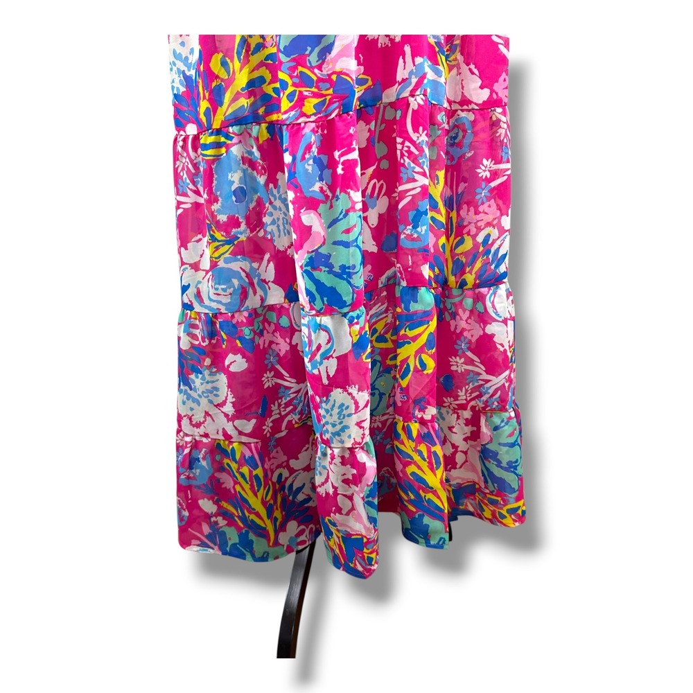 Mud Pie Womens Pink Floral Tiered Maxi Dress Sleeveless Ruffle Neck Large‎ L - Picture 6 of 14